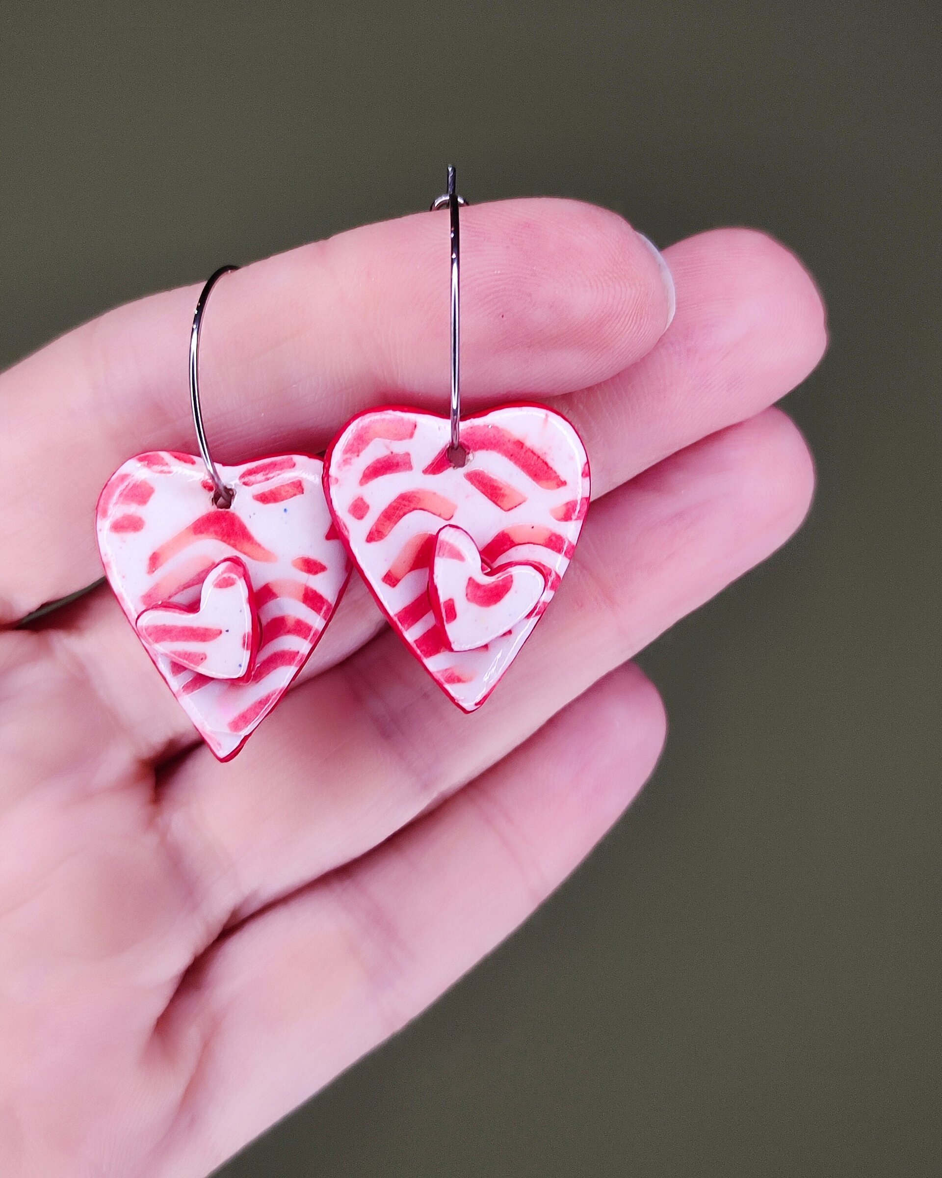 Pendientes corazón rojo y blanco - 1